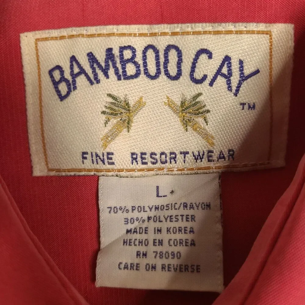 Bamboo Cay Fine Resort-Wear Leaning Palm‎ Tree Mens Large Red Salmon Embroidered